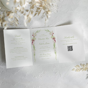 Cascading Floral Monogram Crest All-in-one Wedding Tri-Fold Invitation