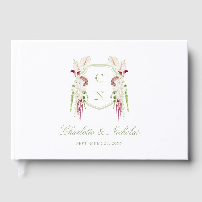 Cascading Floral Monogram Crest Wedding  Guest Book (Front)