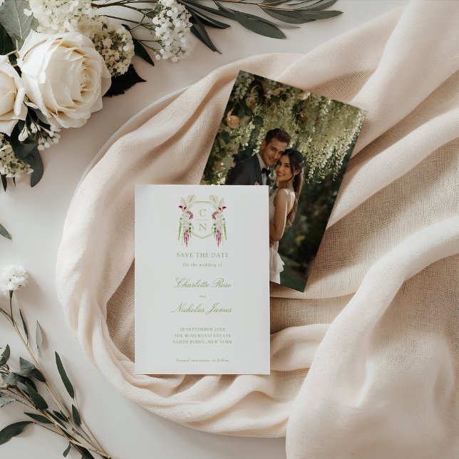 Cascading Floral Monogram Crest Wedding Save The Date (Creator Uploaded)