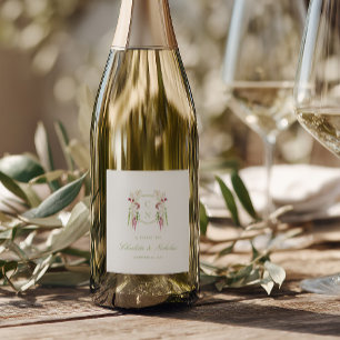 Cascading Floral Monogram Crest Wedding Wine Label