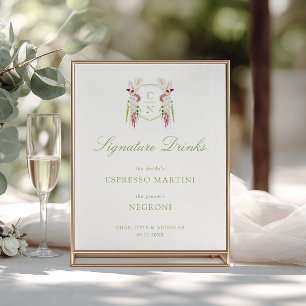 Cascading Floral Monogram Wedding Signature Drinks Poster