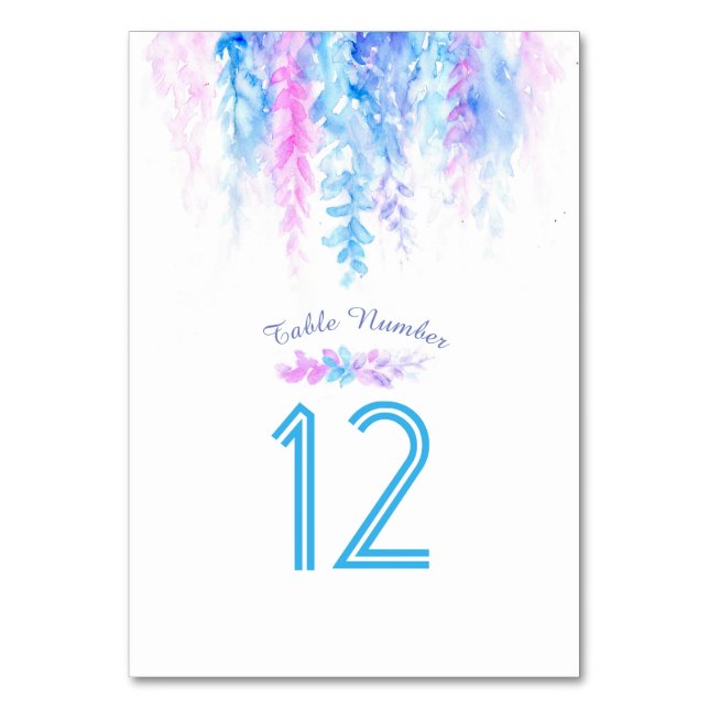 Cascading flowers blue watercolor table numbers (Back)