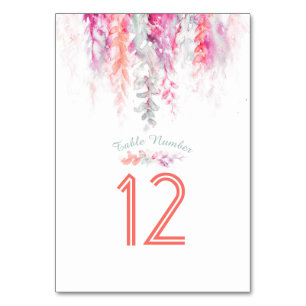 Cascading flowers coral pink green watercolor table number