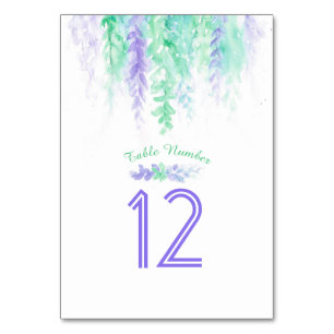 Cascading flowers green purple watercolor numbers table number