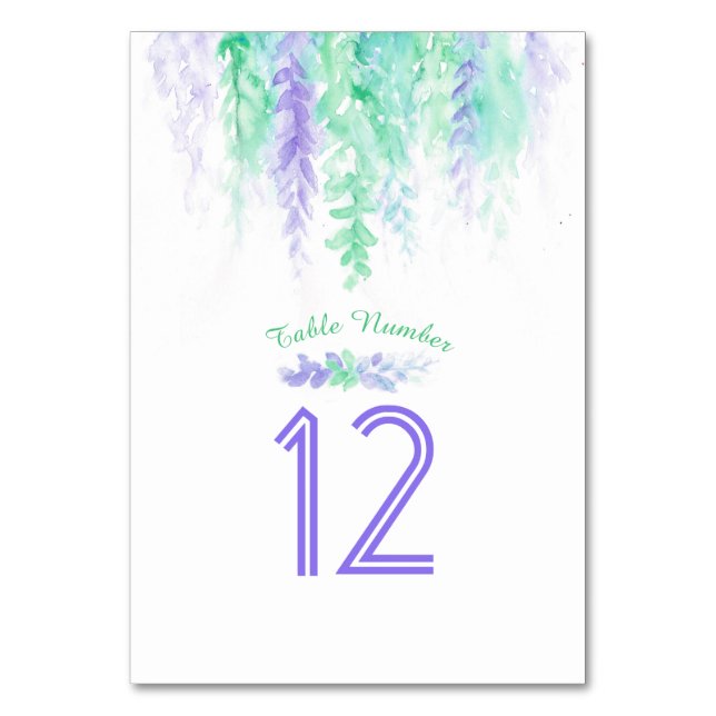 Cascading flowers green purple watercolor numbers table number (Front)