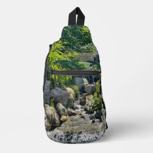 Cascading forest waterfall forest greenery sling bag