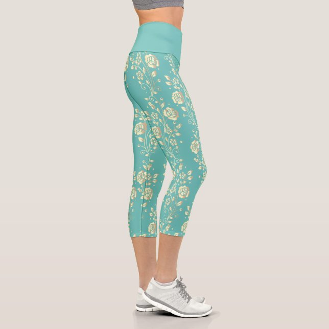 Cascading gold flowers on teal capri leggings (Right)