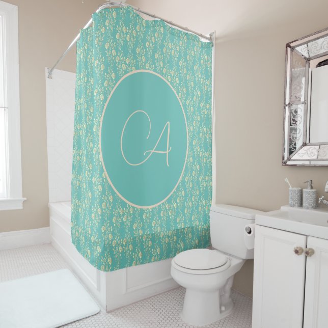Cascading Gold Flowers on Teal Monogram Shower Curtain (In Situ)
