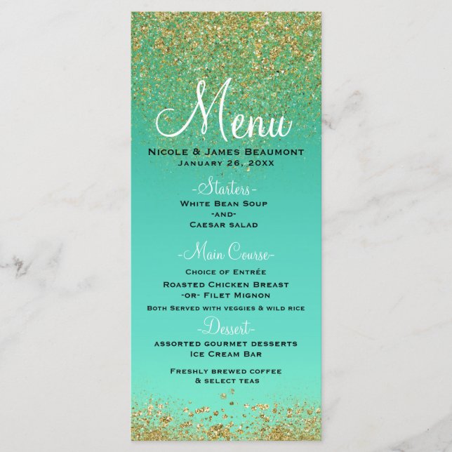 Cascading Gold Glitter & Teal Aqua Glam Menu (Front)
