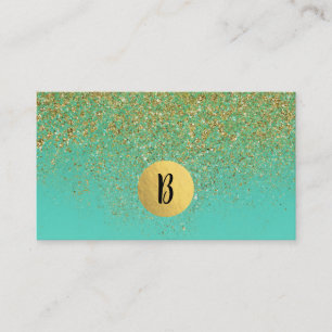 Cascading Gold Glitter & Teal Aqua Glam Trendy Business Card