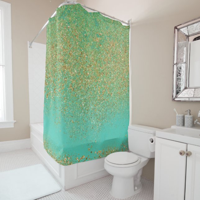 Cascading Gold Glitter Teal Aqua Glam Trendy Girls Shower Curtain (In Situ)