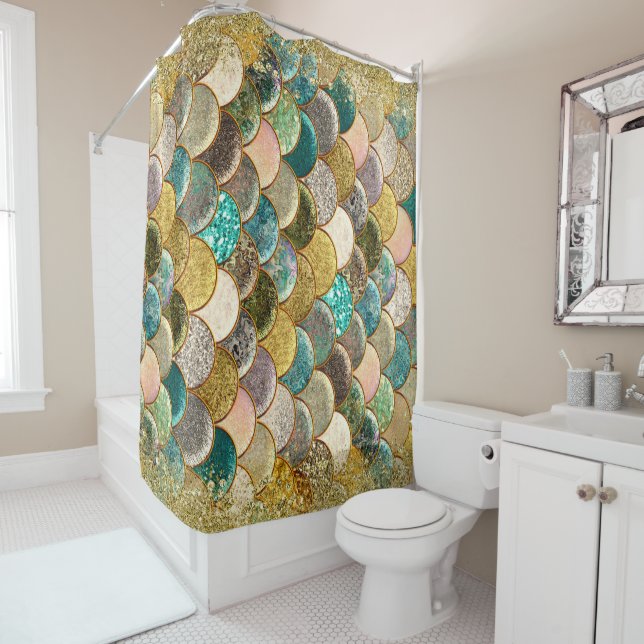 Cascading Gold Glitter Teal Aqua Glam Trendy Girls Shower Curtain (In Situ)