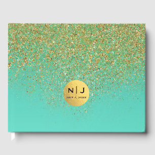 Cascading Gold Glitter & Teal Aqua Glam Trendy Guest Book