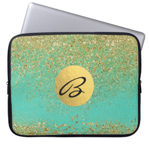 Cascading Gold Glitter Teal Aqua Glam Trendy Laptop Sleeve