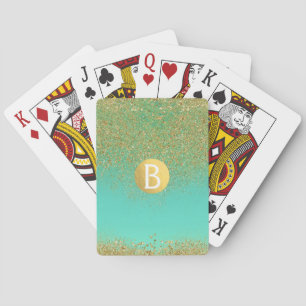 Cascading Gold Glitter & Teal Aqua Glam Trendy Playing Cards