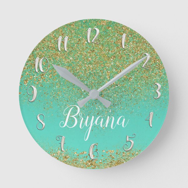 Cascading Gold Glitter Teal Aqua Glam Trendy Round Clock (Front)