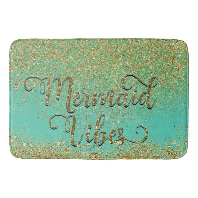 Cascading Gold Glitter & Teal Aqua MERMAID VIBES Bath Mat (Front)