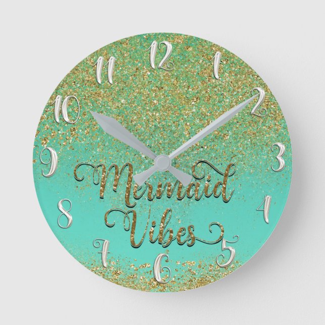 Cascading Gold Glitter Teal Aqua Mermaid Vibes Round Clock (Front)