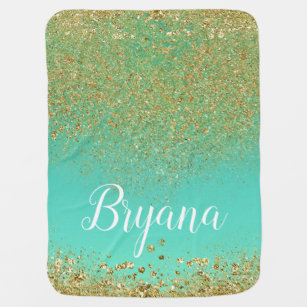 Cascading Gold Glitter & Teal Aqua Personalised Baby Blanket