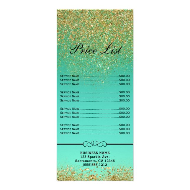 Cascading Gold Glitter Teal Aqua Price & Service Rack Card (Front)