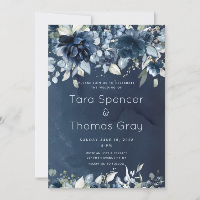 Cascading Navy Blue Peonies Wedding Invitation (Front)