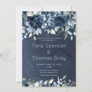 Cascading Navy Blue Peonies Wedding Invitation