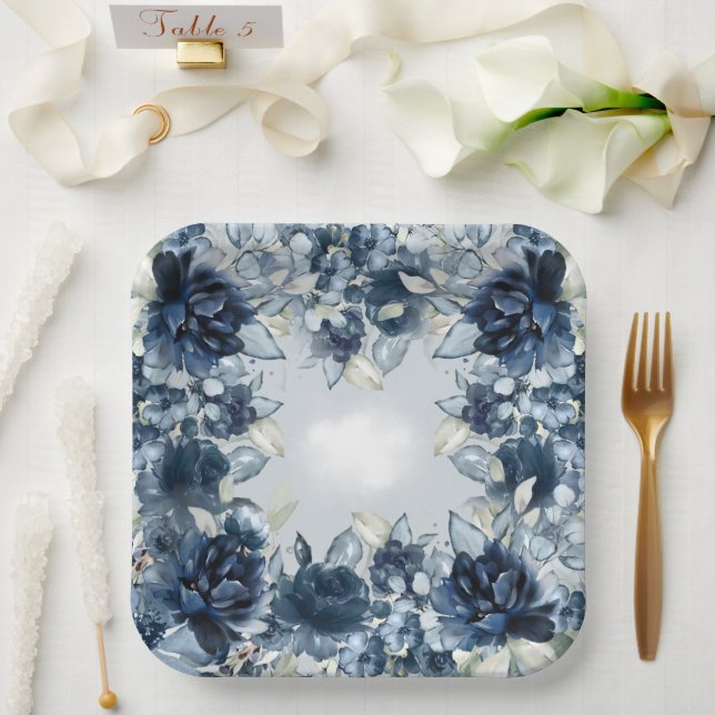 Cascading Navy Peonies Wedding Dinner Paper Plate (Wedding)