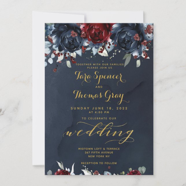 Cascading Peonies Burgundy Navy Gold Wedding Invitation (Front)