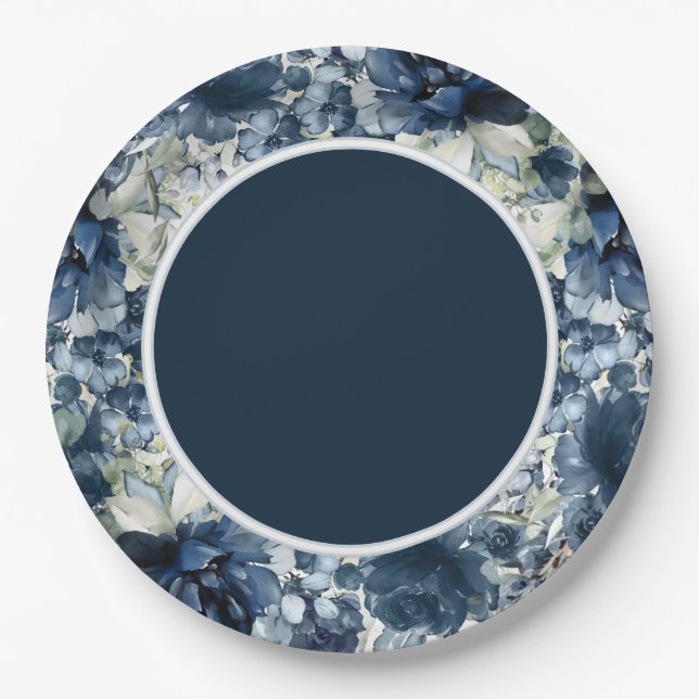 Cascading Peonies Wedding 9 Inch Navy Dinner Plate (Front)