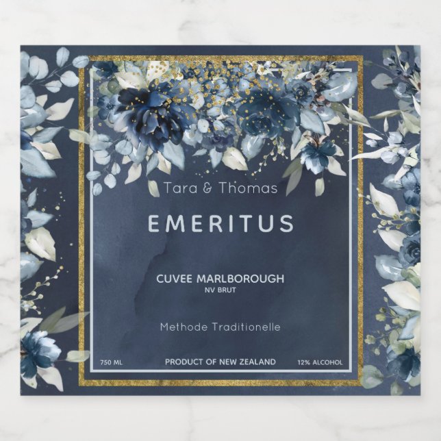 Cascading Peonies Wedding Navy Sparkling Wine Labe Label (Single Label)
