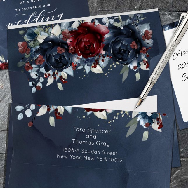 Cascading Peony Burgundy Navy Wedding Invitation Envelope (Creator Uploaded)
