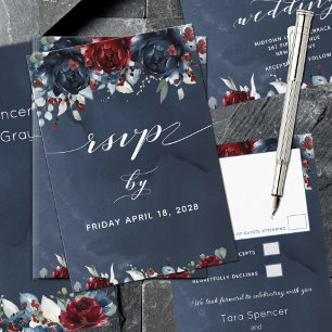 Cascading Peony Burgundy Navy Wedding RSVP Card