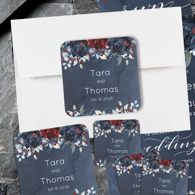 Cascading Peony Burgundy Navy Wedding Square Sticker (Creator Uploaded)