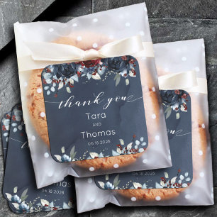 Cascading Peony Burgundy Navy Wedding Thank You Square Sticker