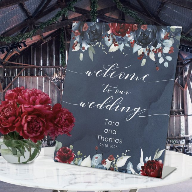 Cascading Peony Burgundy Navy Welcome To Wedding Pedestal Sign (Creator Uploaded)