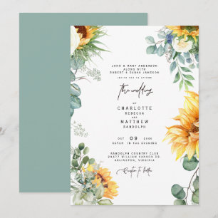 Cascading Sunflower Greenery Sage Wedding Invitati Invitation