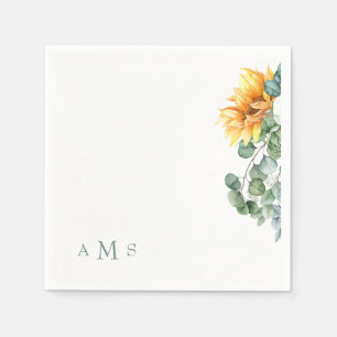 Cascading Sunflowers Greenery Sage Monogram Napkin