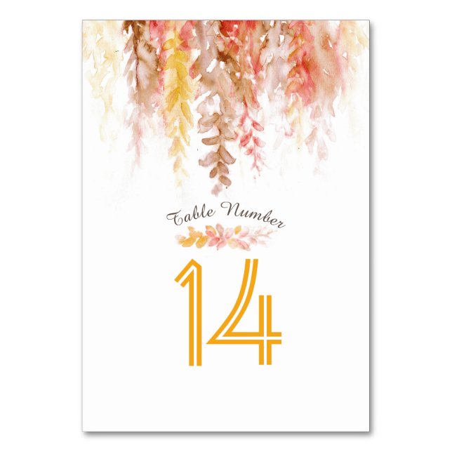 Cascading vine orange brown watercolor fall table number (Back)