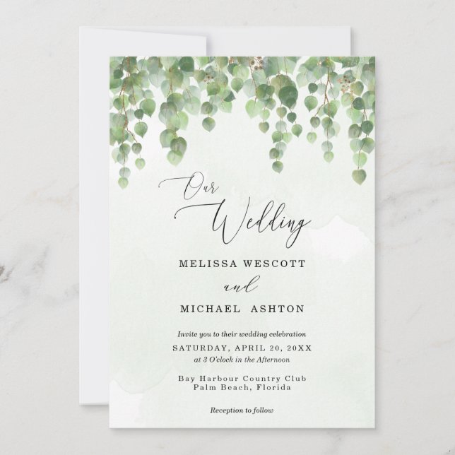 Cascading Watercolor Eucalyptus Greenery Wedding Invitation (Front)