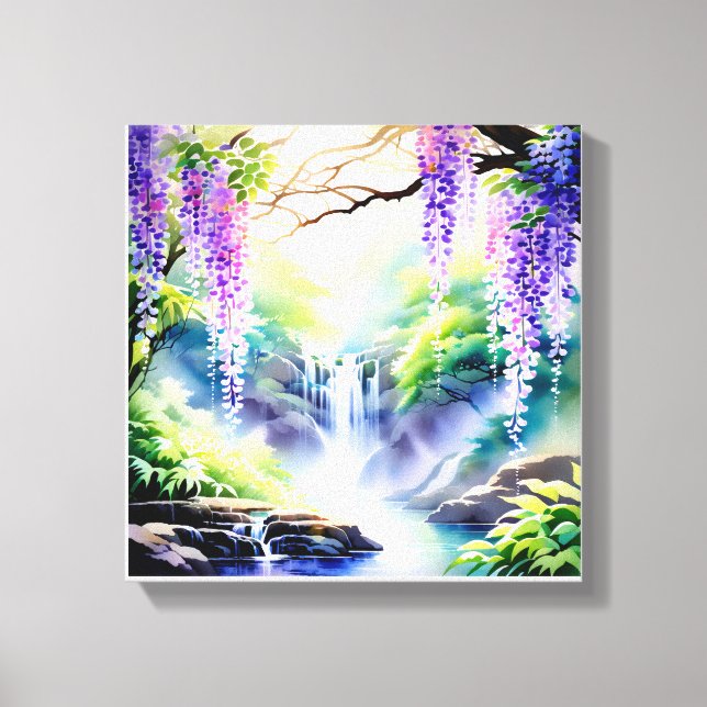 Cascading Waterfall Among Amethyst Blooms Canvas Print (Front)