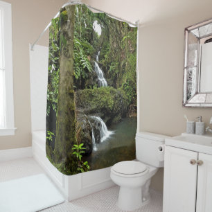CASCADING WATERFALL IN TROPICAL GARDEN SHOWER CURTAIN