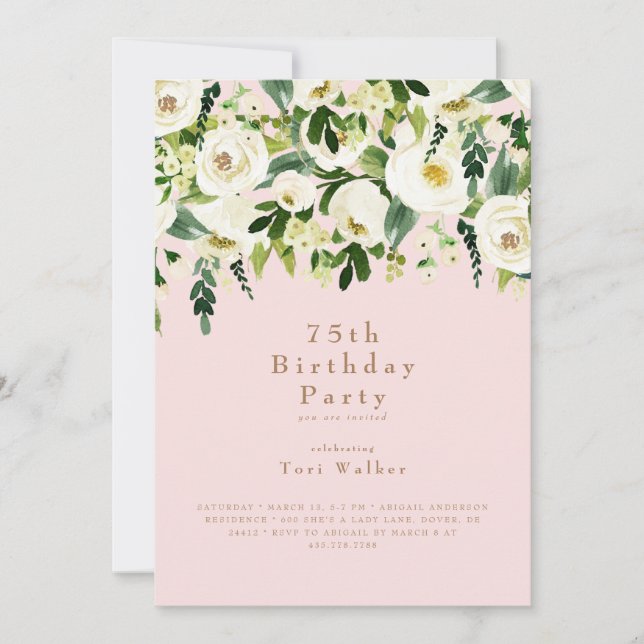 Cascading White Floral 75th Birthday Party Blush Invitation (Front)