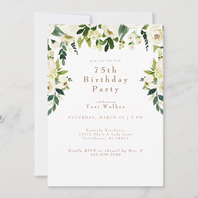 Cascading White Floral 75th Birthday Party Invitation (Front)