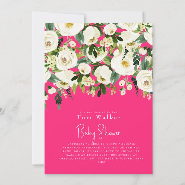 Cascading White Floral Hot Pink Baby Shower  Invitation (Front)