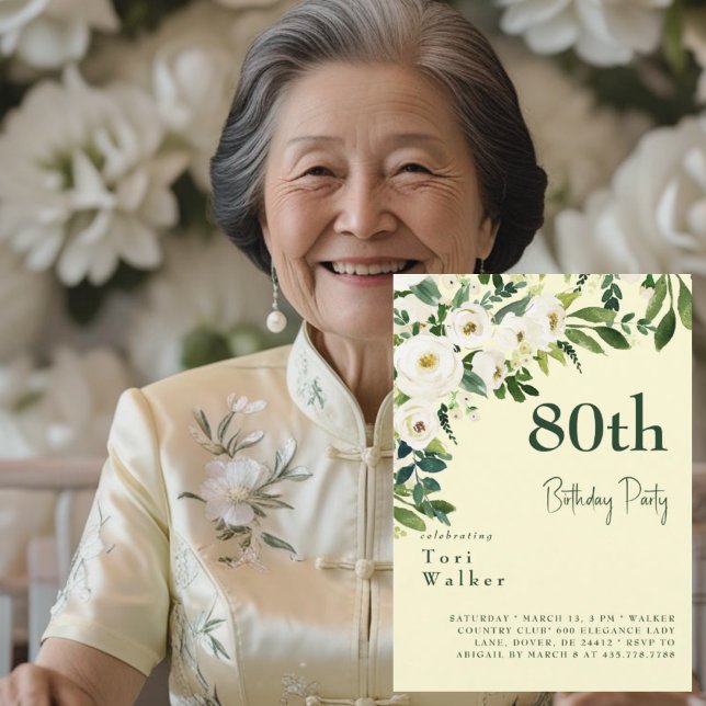 Cascading White Floral Yellow 80th Birthday Invitation (Creator Uploaded)