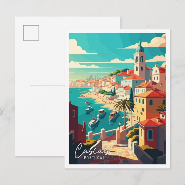 Cascais Portugal Art vintage travel illustration Postcard (Front/Back)
