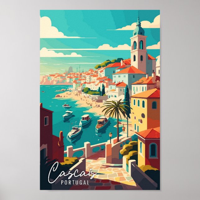 Cascais Portugal Art vintage travel illustration Poster (Front)