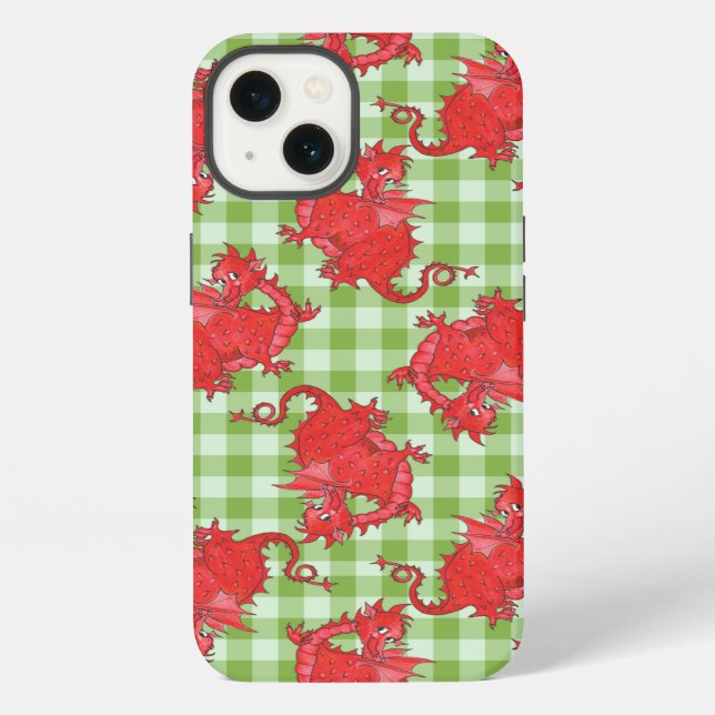 Case-Mate iPad Case: Red Dragons on Green Gingham iPhone Case (Back)