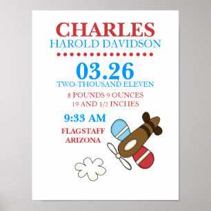 CASEY'S ABC Aeroplane Birth Announcement Wall Poster