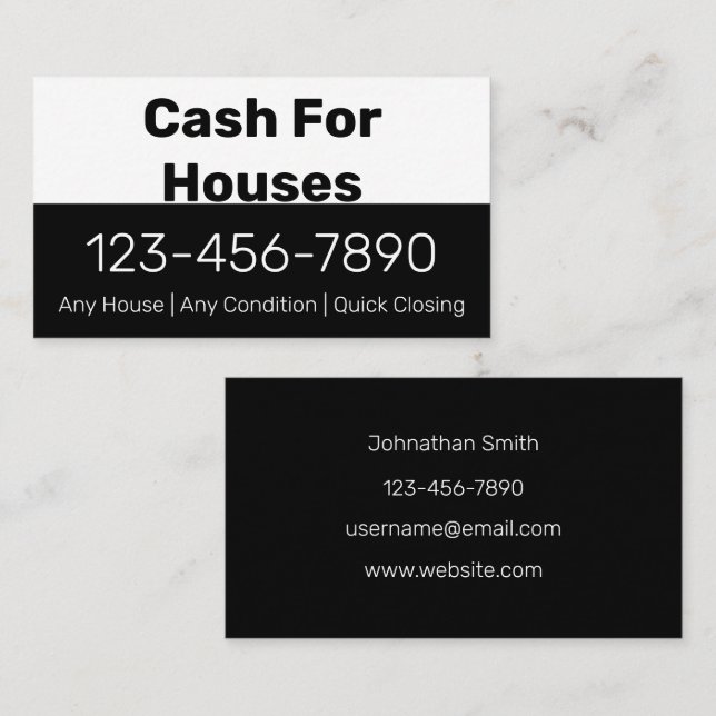 Cash For Houses Black White Phone Number Your Text Business Card (Front/Back)
